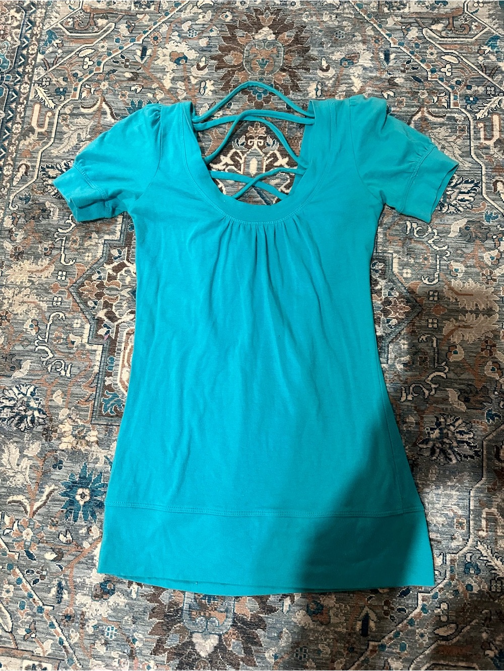 Women’s Teal Short Sleeve Scoop Neck Top with Back Straps